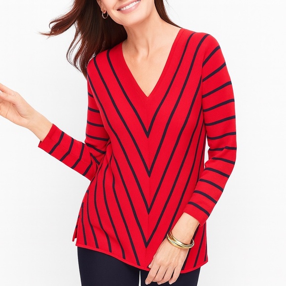 NWT Talbots Chevron Stripe V-Neck Sweater Classic Knit Top Red Navy Size Medium - Picture 2 of 6